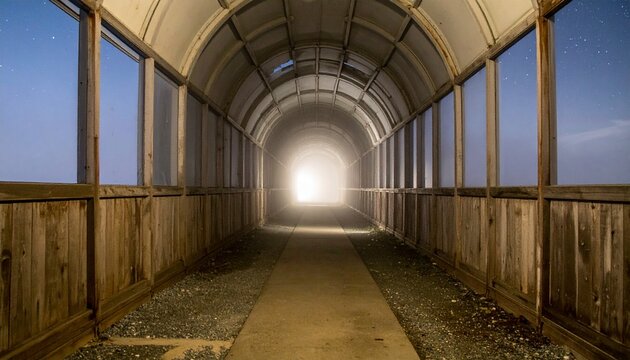 Grand arched stone corridor with warm sunlight streaming through.