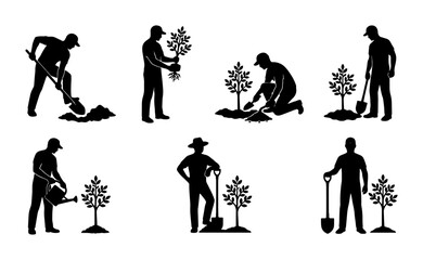 Fototapeta premium Gardening Icons Set, Planting Tree Silhouettes, Agricultural Activities, Horticulture Vector Graphics, Seasonal Growth Stages