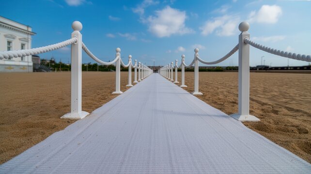 Elegant white carpet pathway with stanchions on a sandy beach