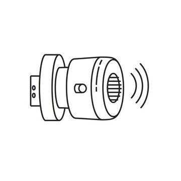 A sleek illustration of a modern speaker device emitting sound waves