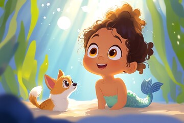 Fototapeta premium Curious toddler exploring the world with a playful puppy companion in a cozy setting