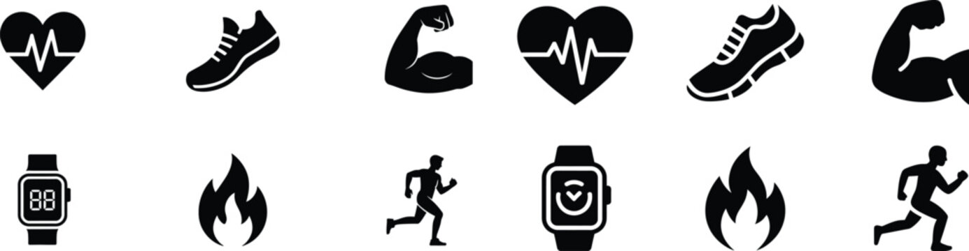 Collection of fitness and health icons, active lifestyle symbols like heart rate, running shoe, muscle arm, watch.