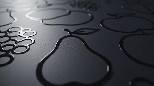 Dark textured background with glossy embossed fruit outline pattern