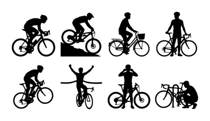 Obraz premium Cycling Silhouettes Collection: Diverse Rider Poses, Bicycle Types, and Action Scenes, Vector Graphics for Sport and Lifestyle Design