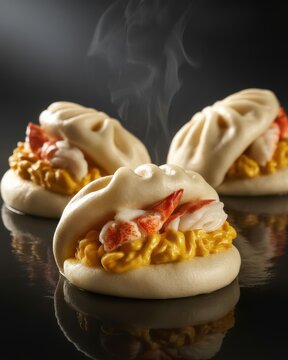 Steaming white bao buns filled with scrambled egg and fresh shrimp on a dark reflective surface