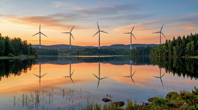 Tranquil Lake With Wind Turbines at Sunrise.jpg