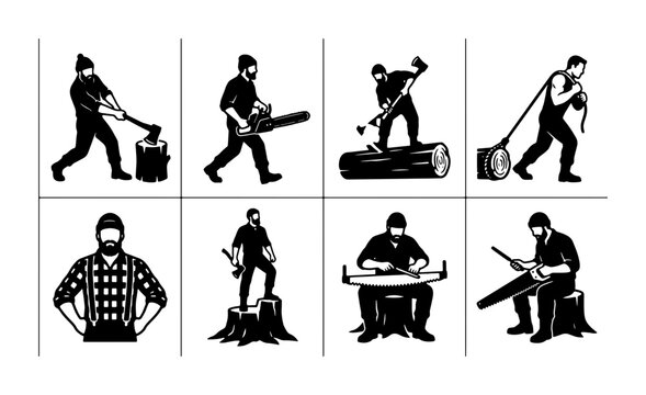 Lumberjack Icon Set, Woodcutter Silhouettes, Forestry Worker Actions, Logging Industry Graphics, 8 Vector Elements