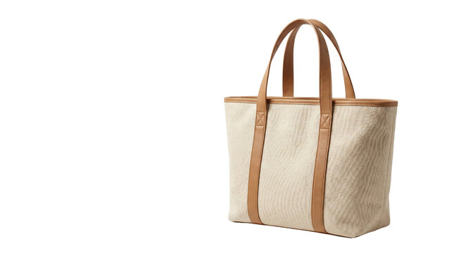 Minimalist canvas tote bag with brown leather handles, stylish beige fabric handbag for shopping, durable textile shoulder bag for summer fashion isolated PNG with Transparent Background