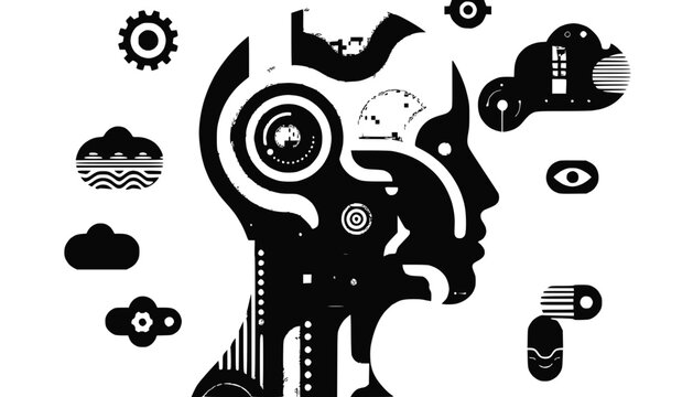 Abstract Robot Head with Gears and Clouds, AI and Technology Concept