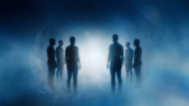 Spooky halloween silhouettes of people emerging from fog on a dark blue background