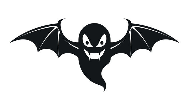 Spooky black silhouette of a bat-like ghost with sharp wings and fangs is perfect for Halloween themed decorations and icons on white.