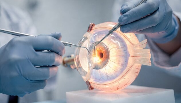 Medium shot of gloved surgeons hands delicately manipulating advanced microsurgical tools during cataract lens implantation on a glowing anatomical eye model with blur background