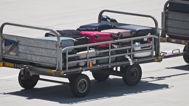 Suitcases on a baggage tractor trolley at the airport. Fast delivery of luggage to the plane, transportation and air travel