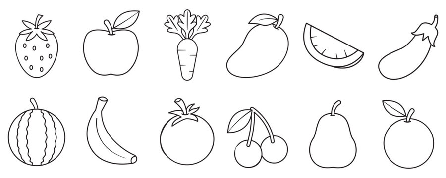 Fruit coloring page collection with simple outline illustrations of assorted fruits for children educational activities
