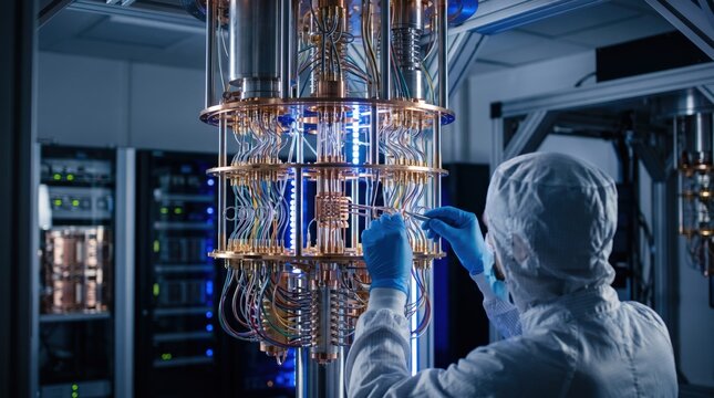 Scientist in cleanroom suit adjusting quantum computer processor with complex wiring