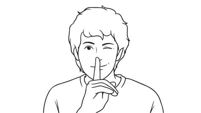 Minimalist line art of man making shush gesture, black and white vector illustration of person winking with finger on lips, secret and silence concept