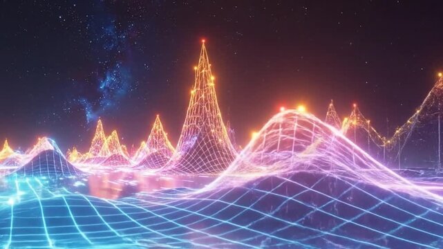 Abstract digital landscape with data visualization and glowing lines at night
