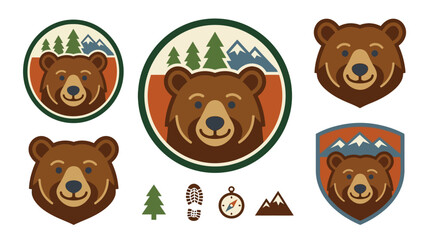 Fototapeta premium Vintage style friendly brown bear head mascot for national park wildlife signage and kids summer camp apparel prints