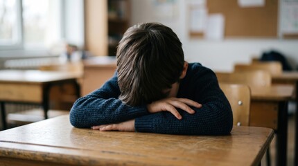 Fototapeta premium Sad child sitting at school desk with head down. Depressed boy in classroom feeling lonely and upset. Bullying or academic stress concept, student needing emotional support at school.