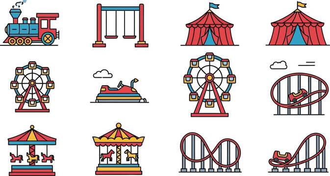 Amusement park carnival ride icon set featuring roller coaster ferris wheel carousel and circus tent vector illustration