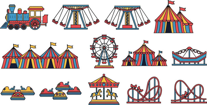 Amusement park carnival attractions set featuring ferris wheel roller coaster carousel and circus tents flat vector illustration icons for design.