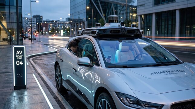 Self-driving autonomous taxi vehicle waiting at designated pickup zone in modern city street at dusk