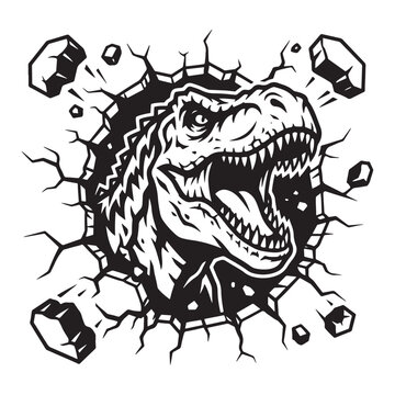 T-rex dinosaur head breaking through a cracked wall