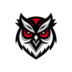 Naklejka premium A stylized, fierce-looking owl logo with sharp red and white accents on a black background.