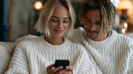 Fototapeta premium couple reviewing mortgage digital application approval notification on smartphone together in empty apartment they are considering purchasing, industrial building conversion setting, first home mile