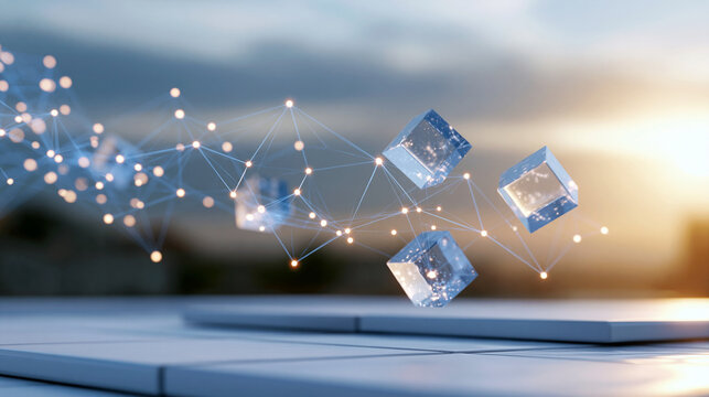 A glowing softly defocused MCP connection hologram with floating node and link tiles drifts above a clean bright pastel platform in calm daylight MCP concept faceless concept
