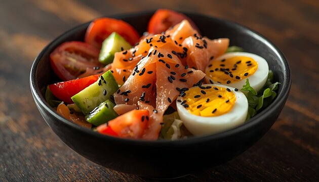 A colorful and nutritious breakfast bowl featuring deviled eggs with black sesame seeds and fresh vegetable sticks ready to eat