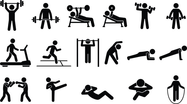 Fitness gym workout icon set with stick figures lifting weights running treadmill doing pushups pullups boxing and skipping