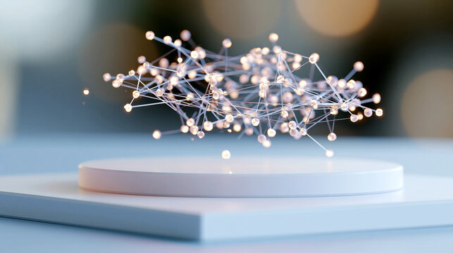 A glowing softly defocused MCP connection hologram with floating node and link tiles drifts above a clean bright pastel platform in calm daylight MCP concept faceless concept