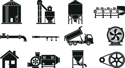 Agriculture industrial factory icons set with silo grain, elevator conveyor belt tipper truck pipe pump fan, house pulley vector symbols, harvest equipment © VectoBloom