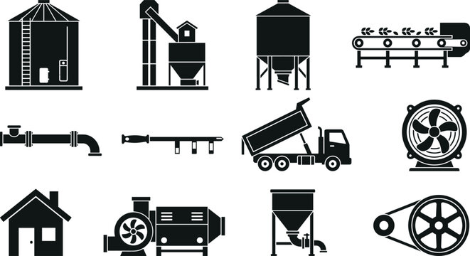 Agriculture industrial factory icons set with silo grain, elevator conveyor belt tipper truck pipe pump fan, house pulley vector symbols, harvest equipment