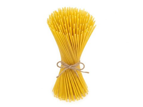 A bundle of bright yellow spaghetti tied with a brown string
