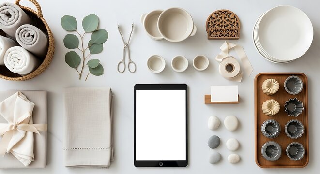 Flat lay of modern home office desk accessories with a digital tablet and kitchen utensils. buffet setup inspiration