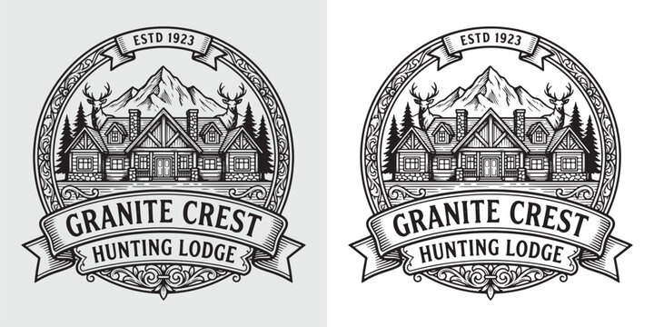 Vintage hunting lodge logo with deer and mountain range