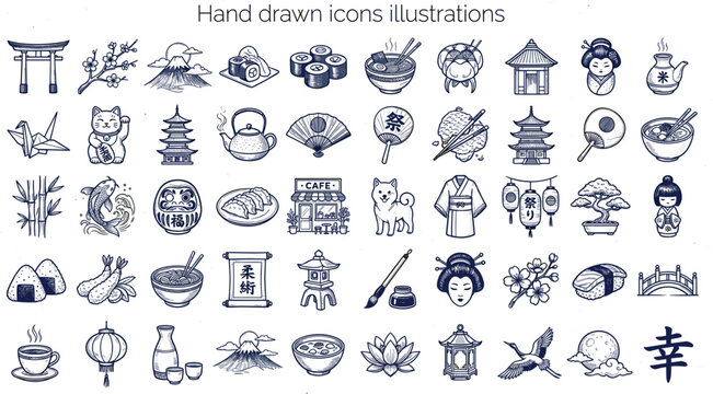 Japan culture hand drawn vector icon set featuring sushi ramen pagoda fuji mountain koi fish geisha and bonsai