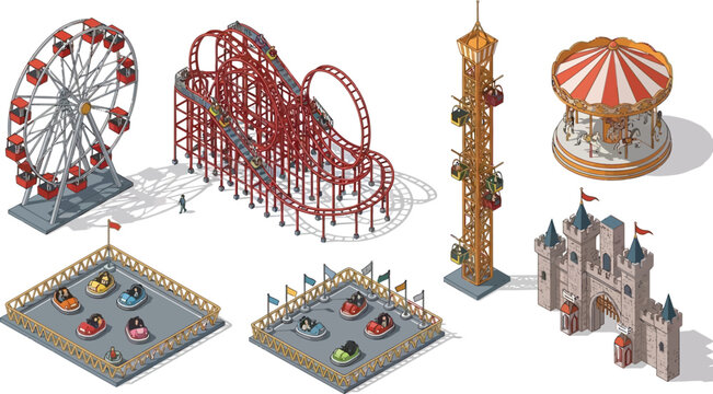 Isometric amusement park attractions set including roller coaster ferris wheel carousel and bumper cars for theme park design vector