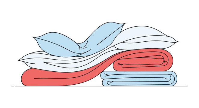 Neat stack of soft folded blankets and pillows in colors of red, white, and blue ready for a comfortable night of sleep or resting.