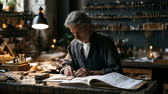 Taxidermist working alone at cluttered workshop bench mounting bird specimen using reference anatomy guide, specialized tools arranged in methodical order along pegboard, industrial task lighting il