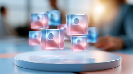 Fototapeta premium A glowing softly defocused augmented intelligence hologram with floating human AI collaboration tiles drifts above a clean bright pastel platform in calm daylight augmented