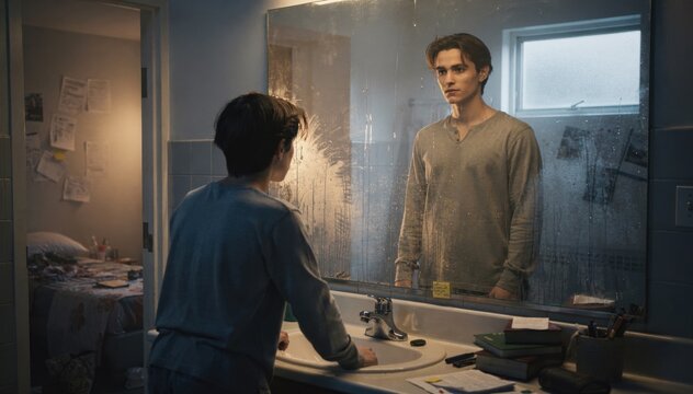 Medium shot capturing a nervous student confronting a massive selfassured reflection in a foggy bathroom mirror dorm room clutter of notes and books blurred behind in subtle dawn