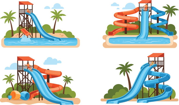 Set of water park slides with swimming pools and palm trees for summer vacation leisure activities flat vector illustration
