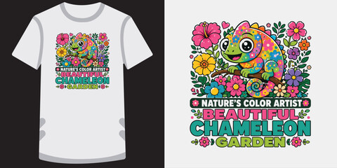 Beautiful colorful chameleon perched on tree branch among tropical flowers garden design. © jubayer71
