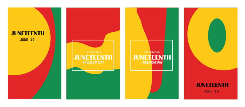 Set of four juneteenth celebration posters with abstract shapes in red, yellow, and green colors