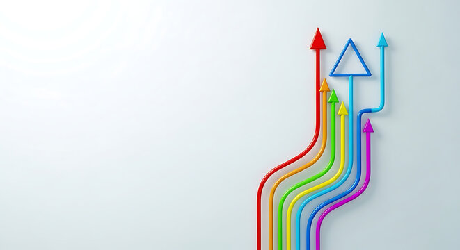 Colorful arrows merging and leading towards a triangular shape with progress direction teamwork strategy leadership collaboration movement colorful abstract together togetherness triangle