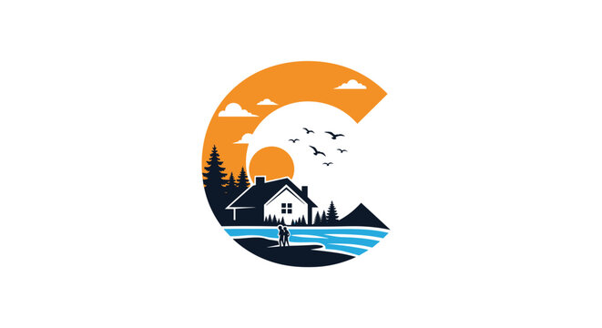 Circular logo design featuring a cozy house nestled among pine trees by a lake with mountains in the background under an orange sky.
