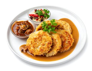 Fototapeta premium A plate with several round fried foods, brown sauce, and two small bowls of side dishes